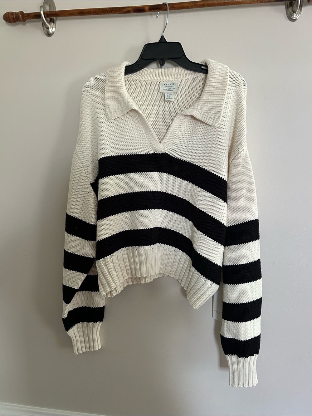 NWT calypso Ivory & Black Striped Collared Knit Sweater 100% organic cotton